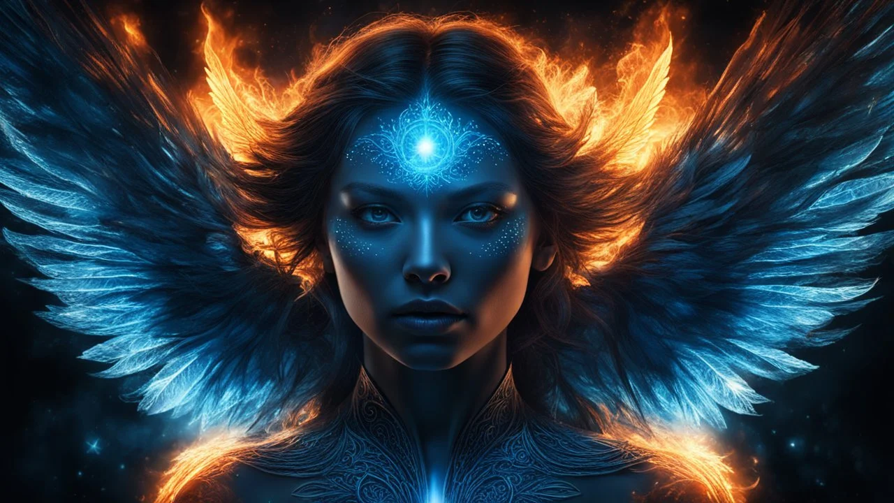 woman, illuminated, consisting of fire and light. glowing creatures with wings and halos, celestial beings.. blue, detailed cinematography, sharp focus:: mysterious esoteric atmosphere, black screen, dramatic shading, detailed face