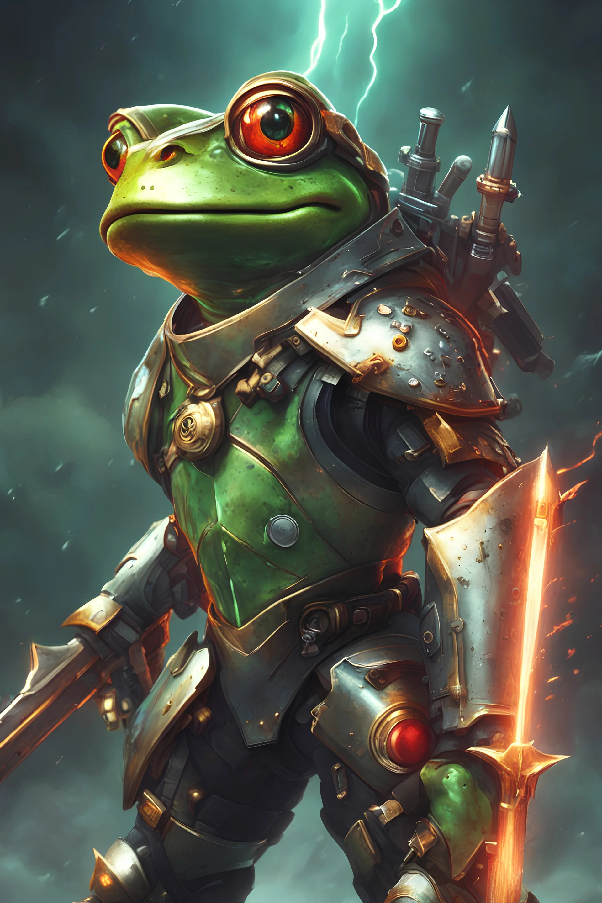 Frog Green Soldier Portrait Glow big red eye Gold Armor Robotic lightning Gun Silver Smoke Dust 16k details epic rare future water nice warrior furious sword