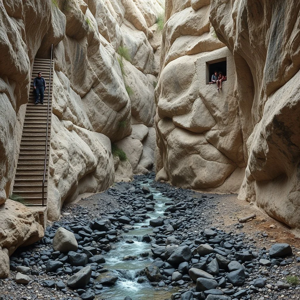 Fotografia iperrealistica di una spianata circondata da pareti di roccia chiara, con terreno argilloso e calcareo, e un piccolo un corso d'acqua che scorre su un letto di rocce scure. Su una parete di roccia si apre una finestra di un edificio che si trova all'interno della montagna, da cui alcune persone guardano il panorama. Su una parete a sinistra si aprono delle scale che scendono verso il torrente
