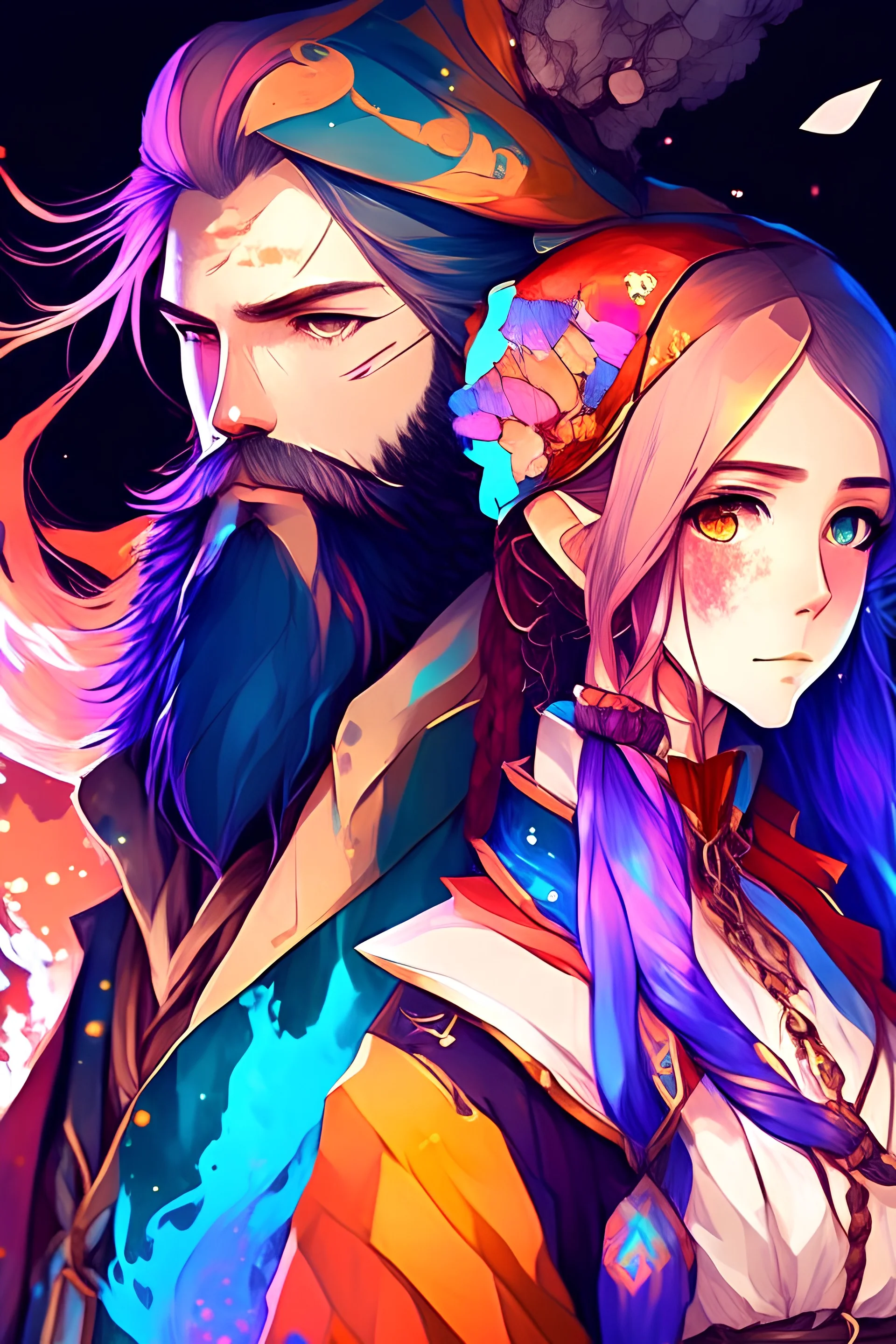 anime couple, mage, colorful, man with beard