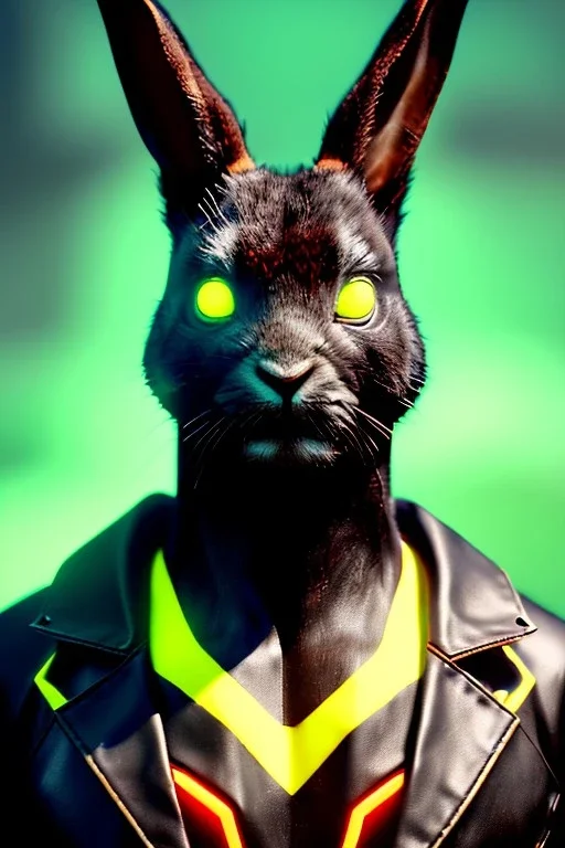 Medium Close Up Portrait, Front image. cyberpunk, rabbit mask, strong man, black hair and beard. latex suit army. Red, yellow, color. Cyber style. Color background, photo studio. Avatar image, highly detailed, concept art, smooth, unreal engine 5, ray tracing, RTX, lumen lighting, ultra detail, volumetric lighting, 3d, finely drawn, high definition, high resolution.