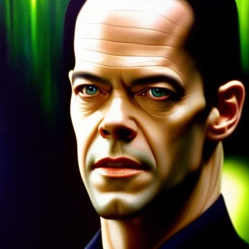 Ultra detailed fullbody Portrait in oil on canvas of Agent Smith(the matrix) ,extremely detailed digital painting, extremely detailed face, crystal clear eyes, mystical colors ,perfectly centered image, perfect composition, rim light, beautiful lighting,masterpiece ,16k, stunning scene, raytracing, anatomically correct, in the style of Simon Bisley and uncannyknack and caravaggio and Seung Eun Kim and Steve Jung Jeehyung Lee.