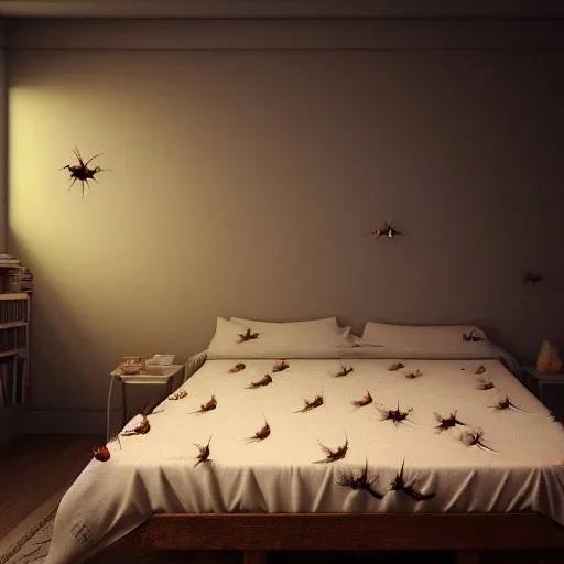 cockroach on a bed under a bedsheet, 8k resolution, high-quality, fine-detail, intricate, detailed matte, digital art, volumetric lighting, illustration, 3D octane render, brian froud, howard lyon, selina french, anna dittmann, annie stokes, lisa parker, greg rutowski