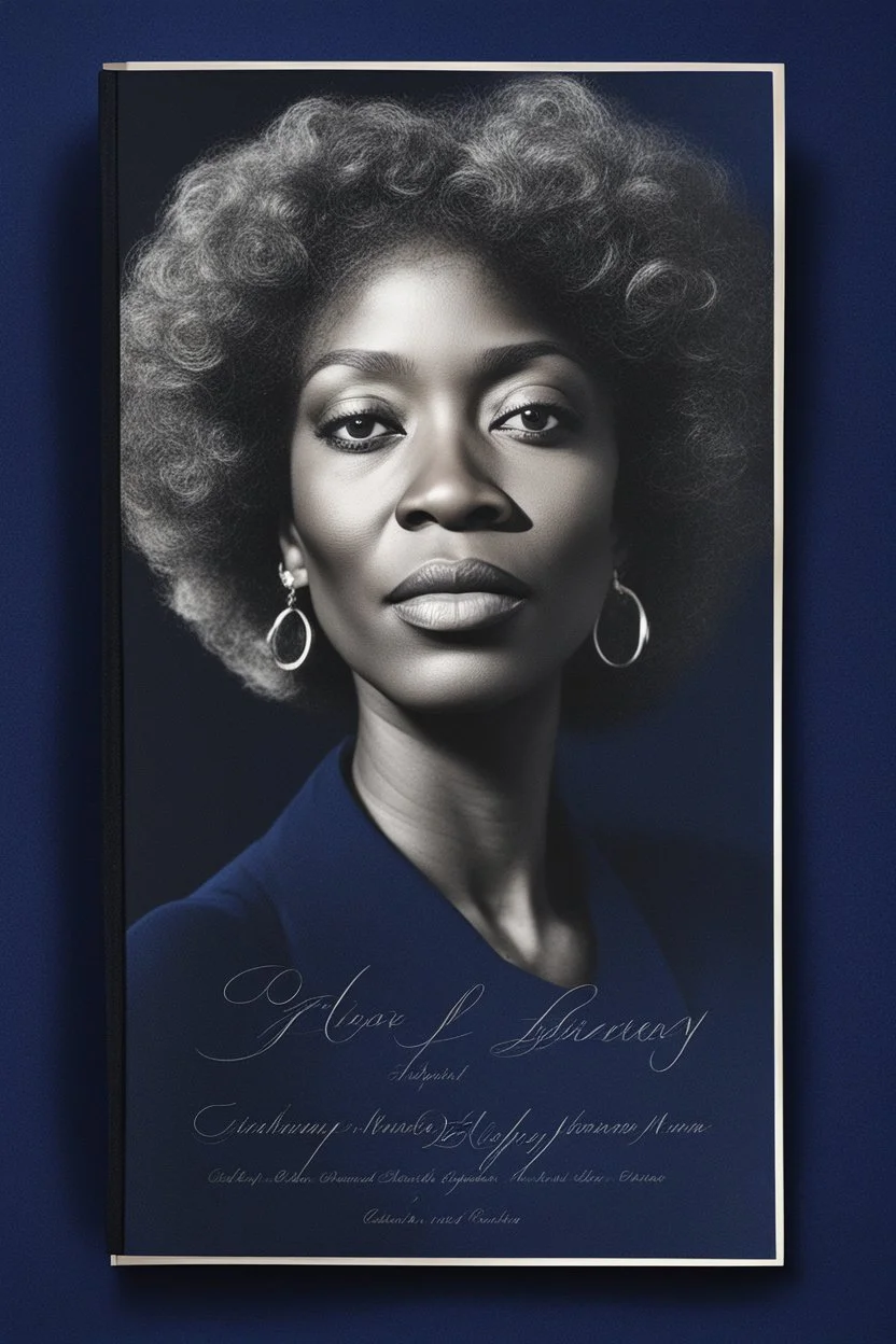 An extremely formal, funeral program written in French for a black woman (include a front photograph of a beautiful lightly tanned elderly biracial black woman) on darkest blue deeply pigmented velvet paper with brilliant, brightest heavy bright shining platinum calligraphy fonts, simple, minimalistic, less element, very dramatic lighting, brilliant colors,