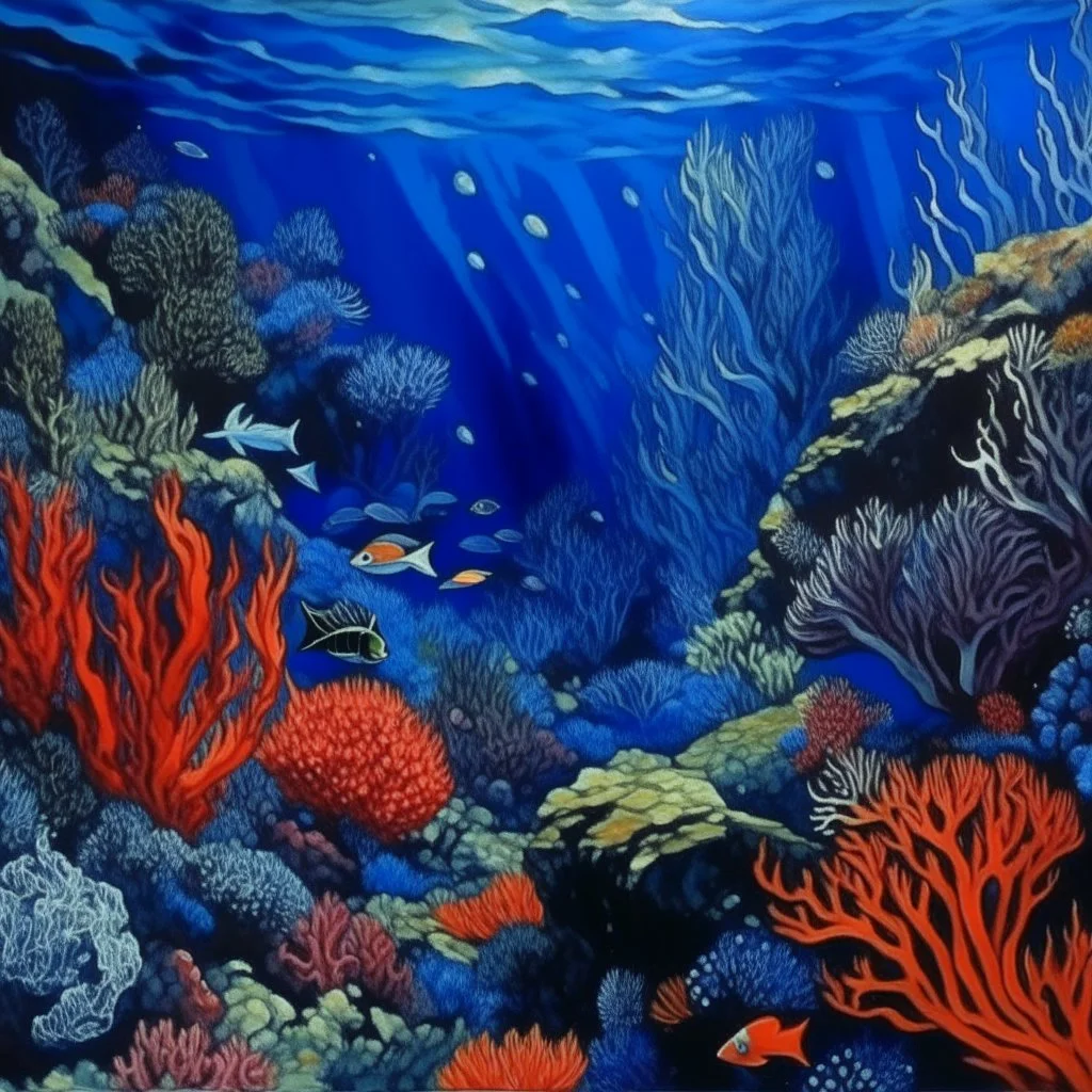 A dark blue coral reef with marine animals painted by Claude Monet