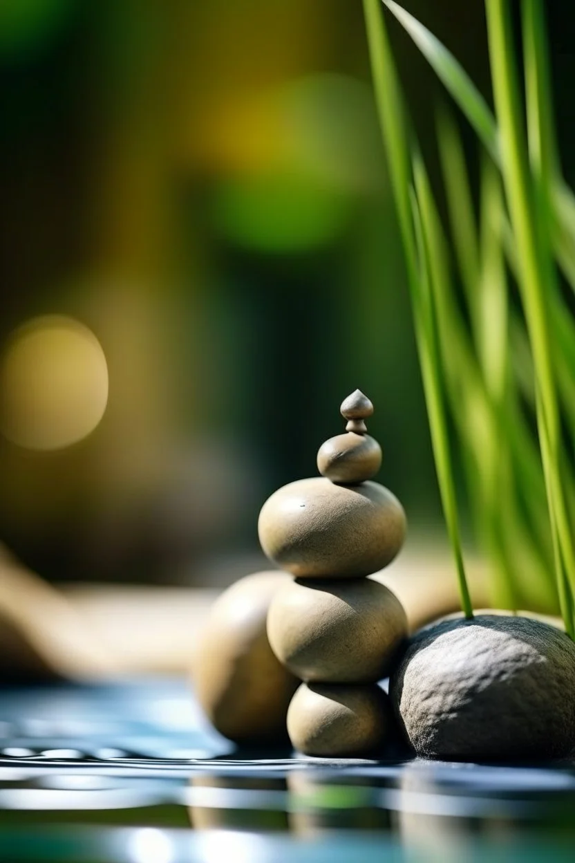 delicate background with spa stones and a bamboo stem, on a blurred background, a female curved statue sits on the stones, photorealistic photo