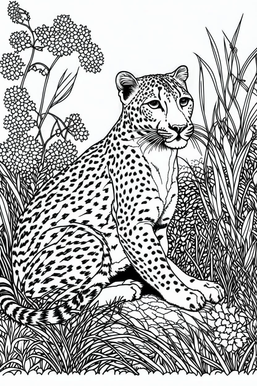 Outline art, cheetah in the garden, cartoon style, black and white, low detail, no shading, --ar 9:11