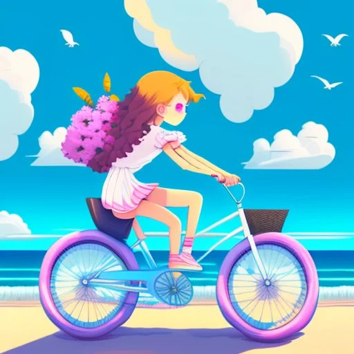 A girl is riding a bicycle on the beach. His cat is sitting in the front basket of the bicycle. Spring flowers can be seen everywhere. Beautiful blue sky with white clouds - kites in the sky. sense of peace. digital art, anime, 8k, full details, colorful, high resolution