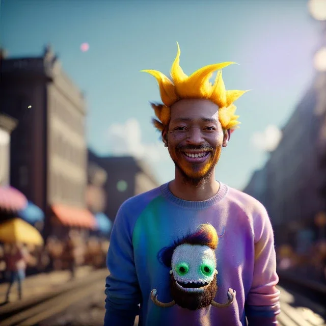 Ultra Realistic photo, medium shot view, drunken sweet jumper man, carnival scene, monster hair, steampunk style. Yellow hair, confeti, smile, happy, festival, ovnis, gradient color fog. highly detailed, concept art, unreal engine 5, ray tracing, RTX, lumen lighting, ultra detail, volumetric lighting, 3d, finely drawn, high definition, high resolution.