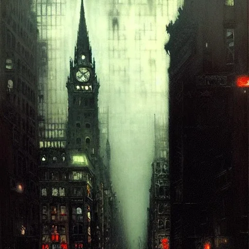 Skyline,Gotham city,Neogothic and NeoFascist and Neoclassical architecture by Jeremy mann, John atkinson Grimshaw,