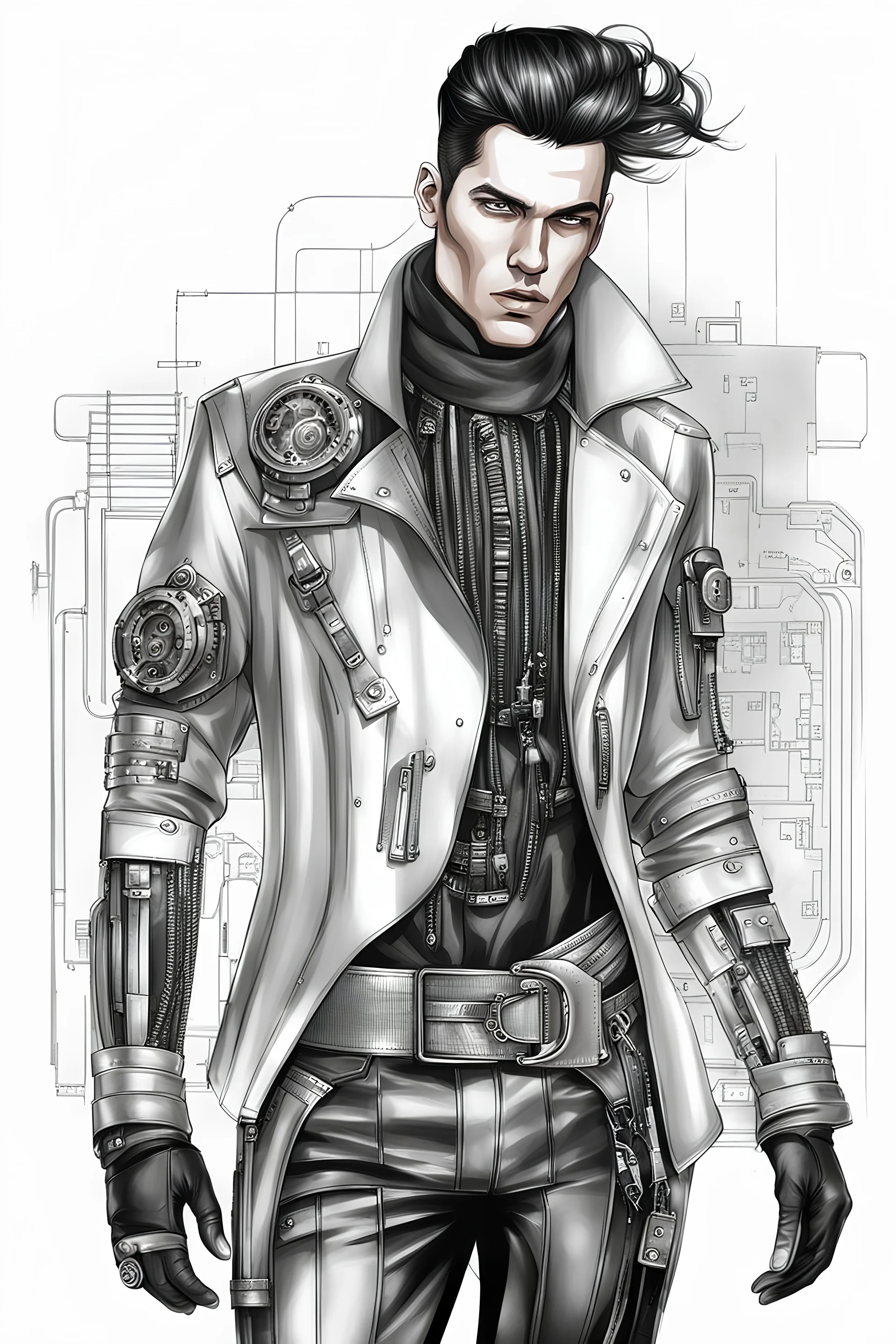 fashion illustration, sketches, futuristic man fashion, microchip designe shirt, black leather pant with silver accessories and belt buckle, steampunk and cyberpunk mixed style, sci-fi fashion style