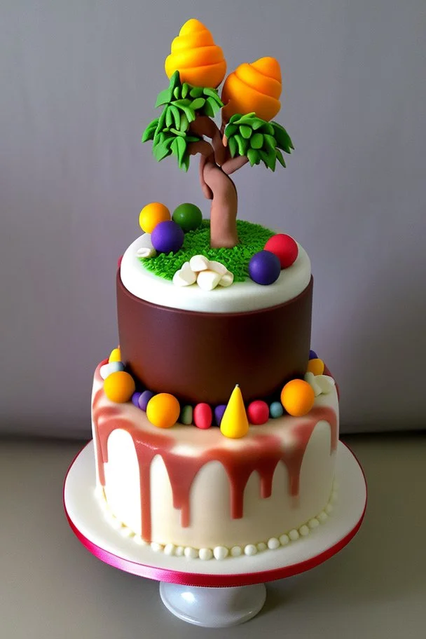 Birthday cake topped with a pool table, apricot tree and a husky dog