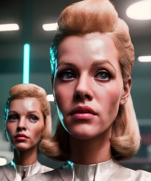 Ultra Realistic retro sci-fi movie Supermarket parking people scene, 1960 year, waist up view portrait, 2 clones blonde women, sweet teenager Jane Fonda face, perfect iris, glow eyes, face makeup, tight latex coat. many people looking, Retro sci-fi style, soft color, highly detailed, unreal engine 5, ray tracing, RTX, lumen lighting, ultra detail, volumetric lighting, 3d, finely drawn, high definition, high resolution.