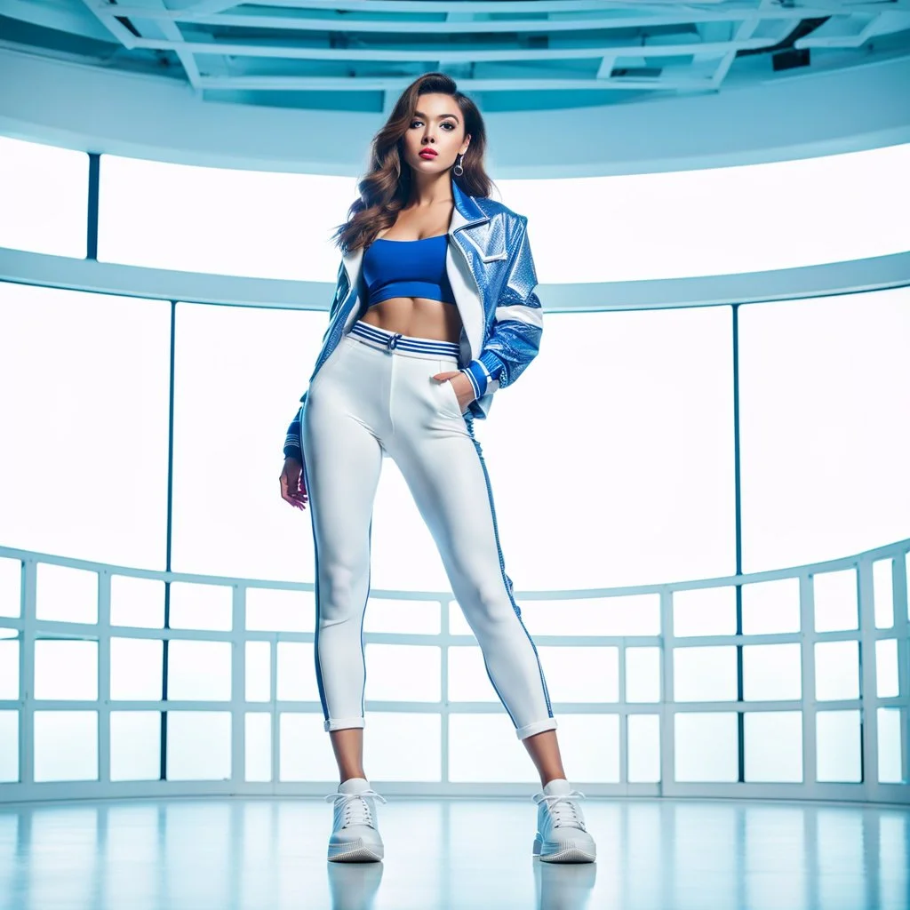 liminal space, blue and white, retrofuturism, empty stage,full body of very beautiful girl with pants and blouse and jacket , curvy hair ,standing idle pose in studio pretty makeup,perfect face,sport shoes