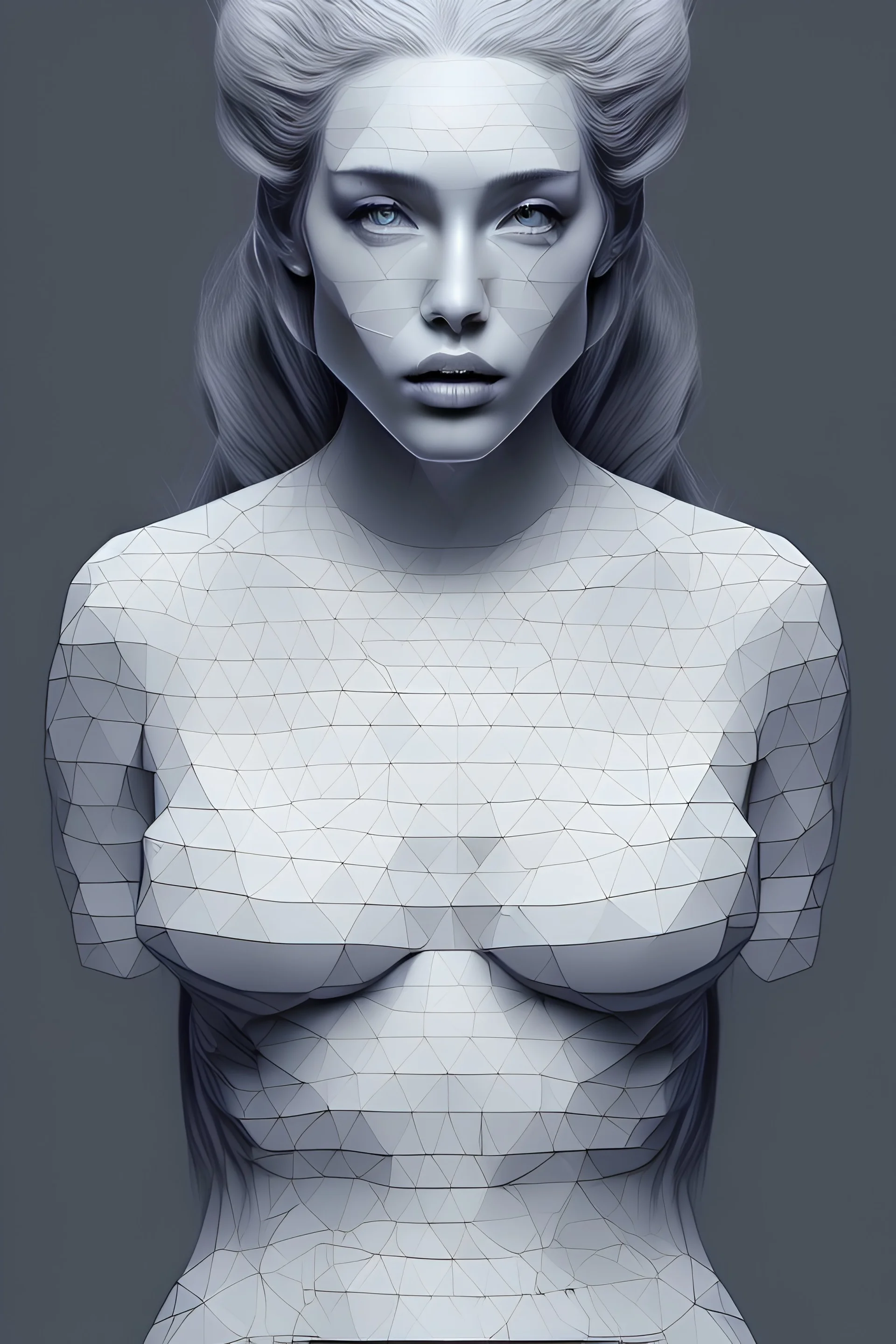 Make a line drawing of a female figure with bulk on top and small proportions at bottom similar to a inward triangle