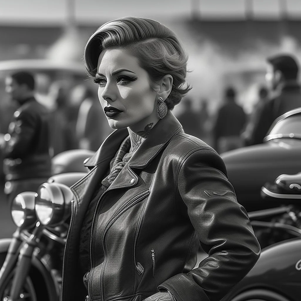 Create image: woman with a vintage pin-up hairstyle in greyscale tones stands in the foreground. She's wearing a zippered leather jacket and adorned with tattoos, a red bandana, earrings, and dark lipstick. In the background, a vivid scene of a drag race unfolds with classic cars and visible smoke above.