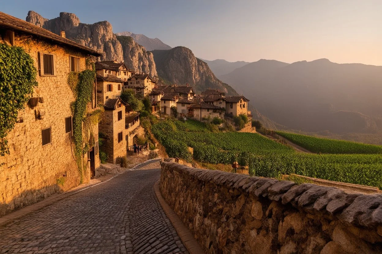 Medieval village from the perspective of a cobblestone road at sunset. The road and village continue to ascend into the mountains, with stone and wooden houses blending seamlessly into the rocky recesses of the mountain, reflecting the golden hues of the setting sun and the growing ivy. In the background, the majestic mountains feature large cultivated terraces and pronounced limestone gorges with hanging vegetation and meltwater streams.