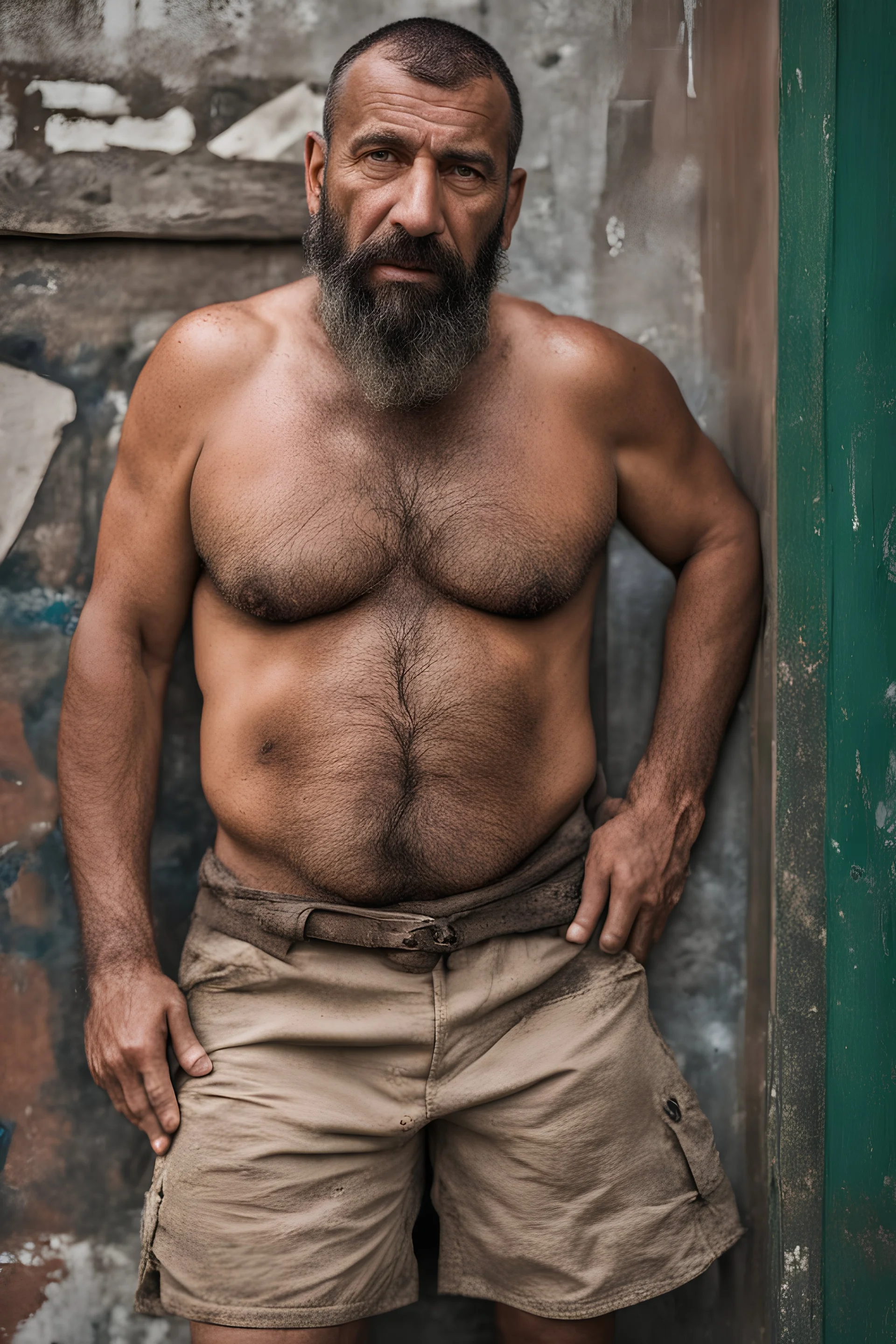 close up photography of an ugly 44 year old beefy robust burly turkish homeless, wearing his work unbuttoned shorts, shirtless, leaning with his back on the wall, hands on the fap, dirty, sweat, wet, ajar mouth, hairy chest, , very virile, short beard, shaved hair, sweat, , in a sunny street, photorealistic , frontal view from the ground