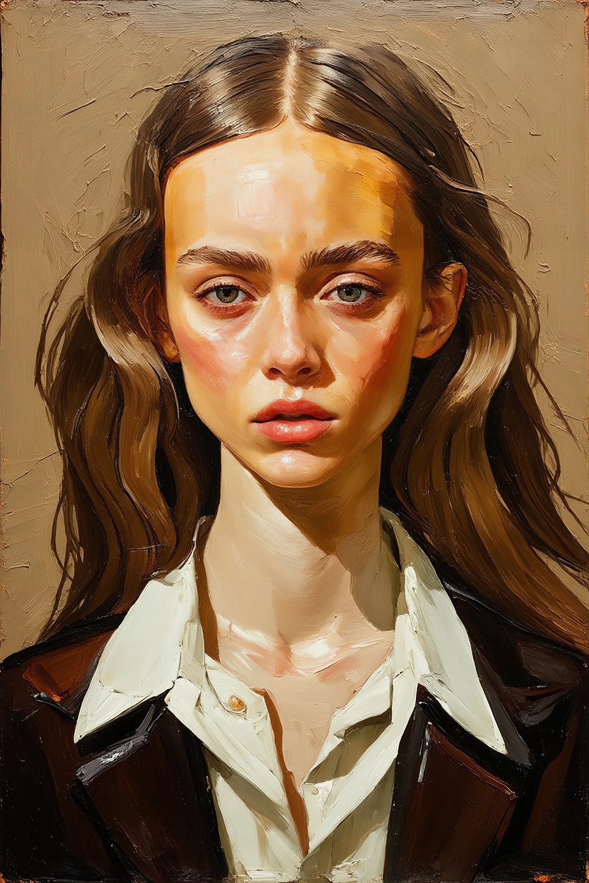 Lily-rose Depp, long hair, melancholy, the style of egon Schiele, oil painting