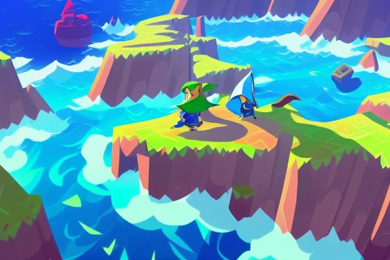 Vast blue oceans, Legend Of Zelda: Wind Waker style, stylized, colorful, adventurous.