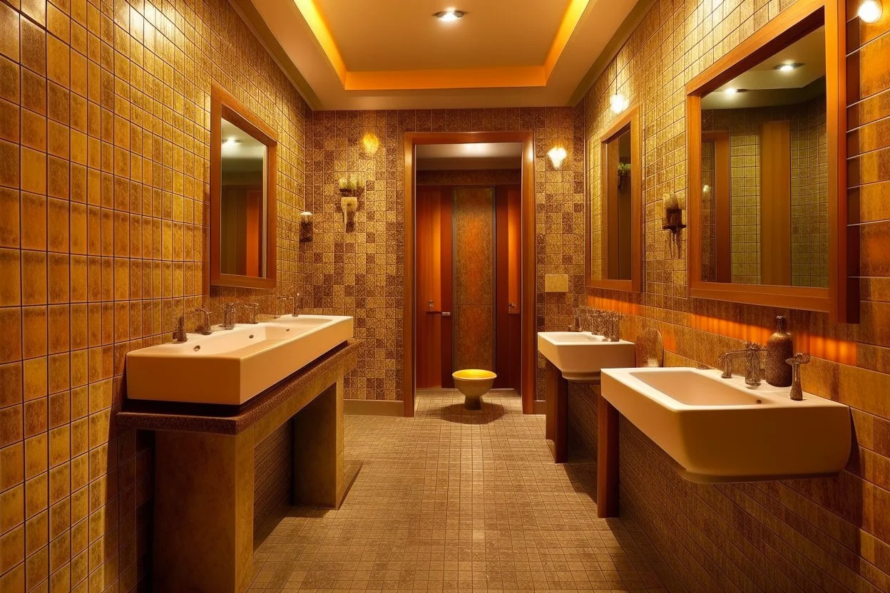 Pictures of a group of bathrooms in Mathaf Restaurant. The walls and floors are colored in brown tones