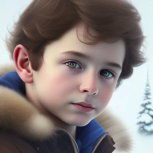 Portrait of boy child with brown hair and with cute face, north pole snowy vibe , perfect composition, hyperrealistic, super detailed, 8k, high quality, trending art, trending on artstation, sharp focus, studio photo, intricate details, highly detailed, by greg rutkowski