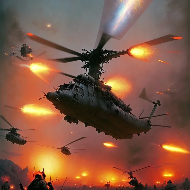 vietnam war. war report. helicopter. poster. bokeh. lens flare. warm lights. high detailed. beksinski