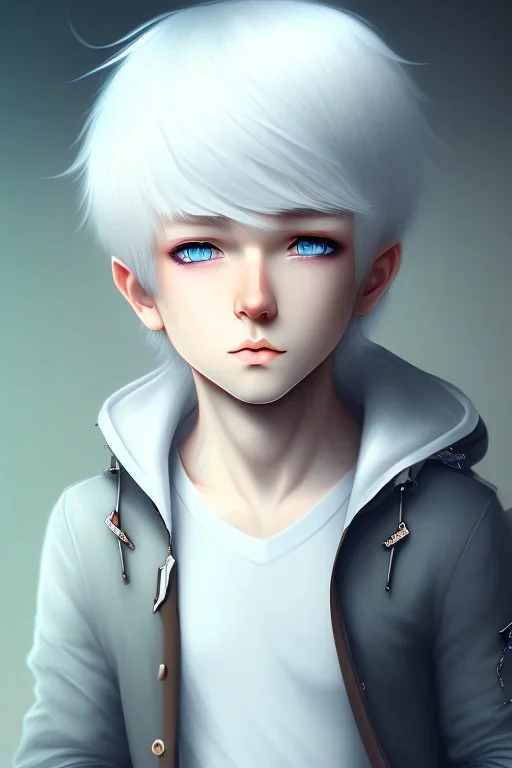 Shota, cute, portrait, white hair, blue eyes, shy