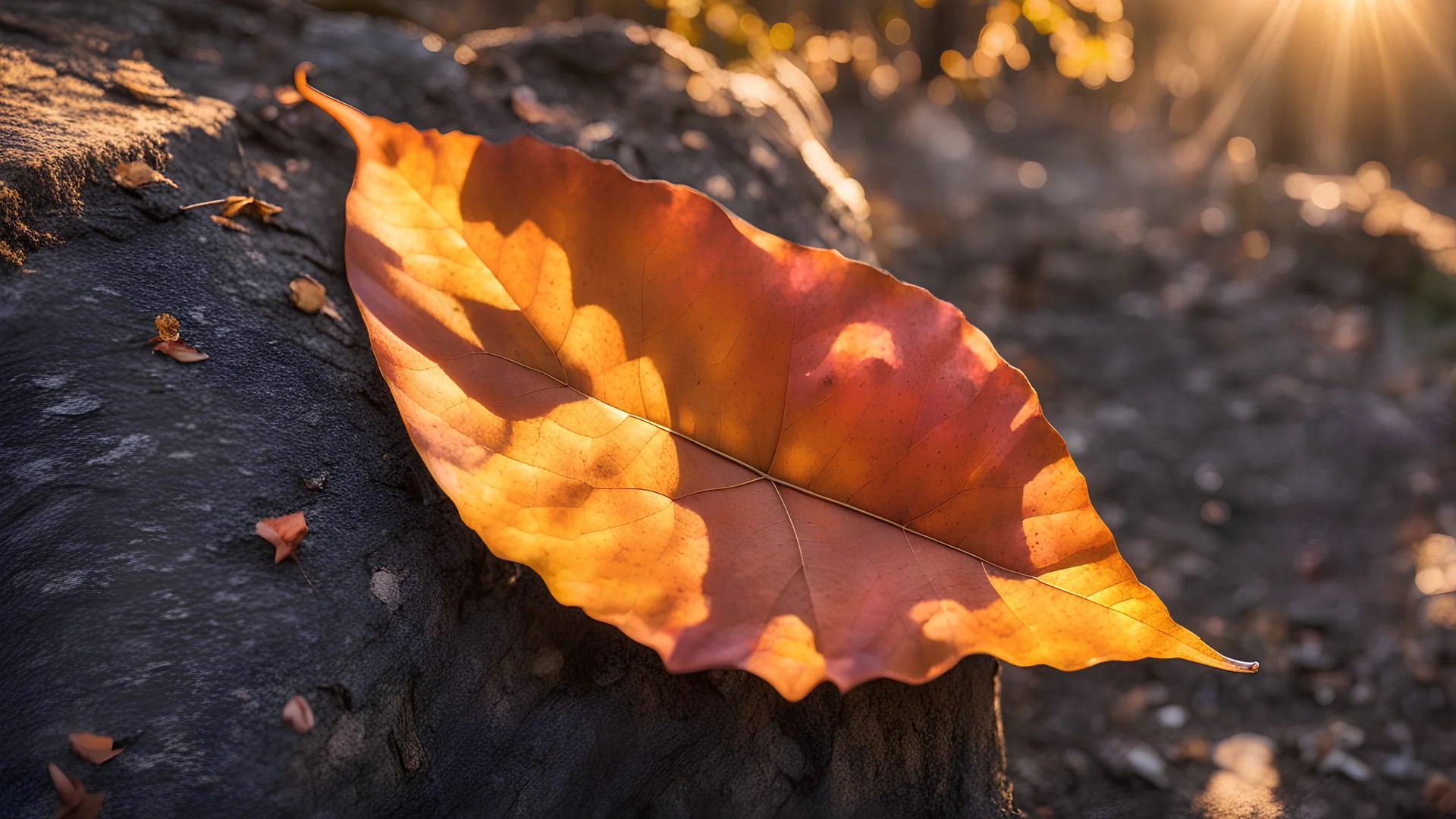 Large curled up autumn leaf in the last light of a day and beautifully coloured sun rays.