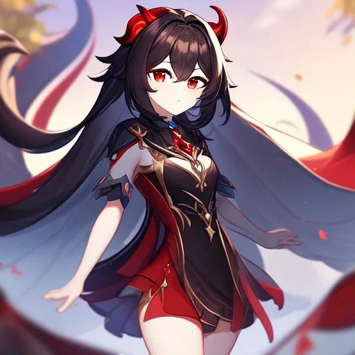 Clear focus,High resolution, Black long hair, Red eyes, Red horns, Wearing a Genshin Impact inspired outfit with black and red as the main color,Outfit includes a short skirt, Looking away from the viewer