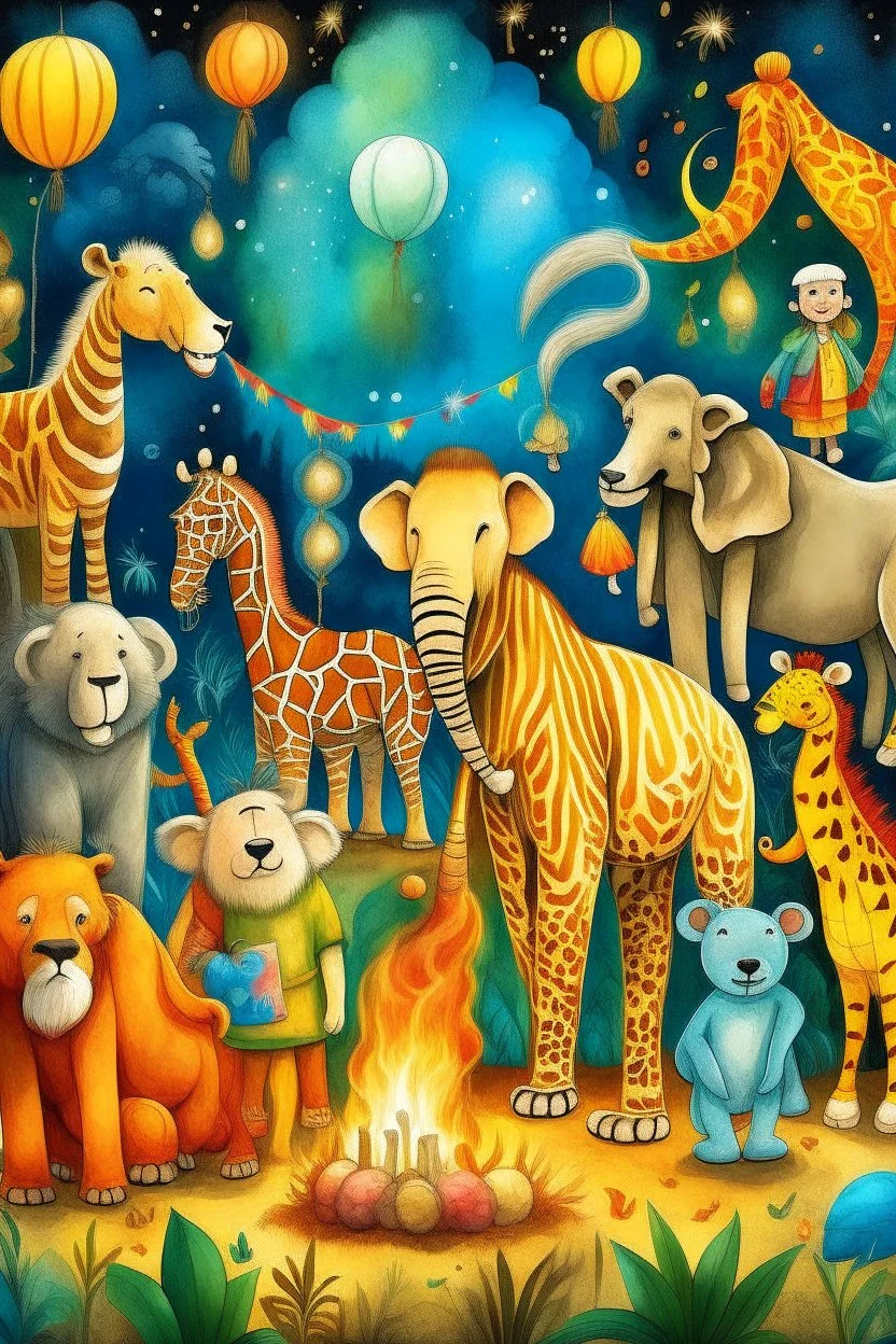 new year celebration fireworls family animals, elephant, bees, lion, bear, giraffe, tiger, peacock, panda,