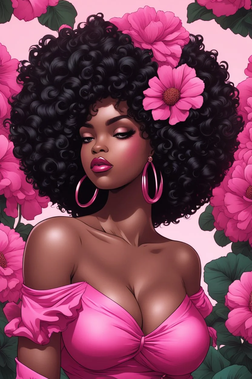 Create an comic style image of a curvy black female wearing a pink off the shoulder blouse and she is looking down with Prominent makeup. Highly detailed tightly curly black afro. Background of large pink and black flowers surrounding her