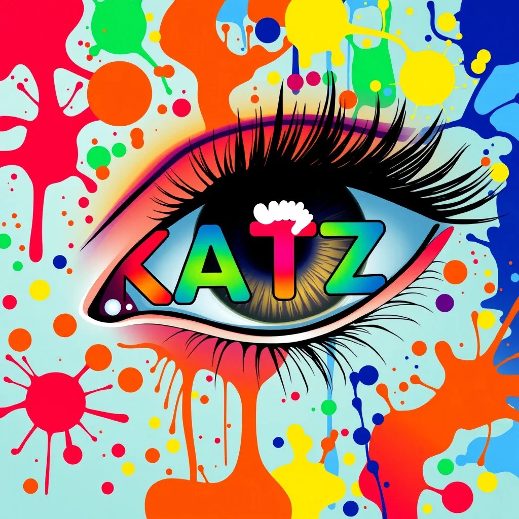 A vibrant and colorful artistic representation of an logo. The logo is only a word: KATZ. The Katz logo is the central focus, with its letters exhibiting a spectrum of colors rangingfrom reds to blues. Surrounding the KATZ are abstract patterns and shapes in a myriad of colors, including oranges, yellows, greens, and blues. Some of these patterns resemble fluid or paint splatters, while others have a more structured, almost psychedelic appearance. The eye's eyelashes are prominently depicted, an