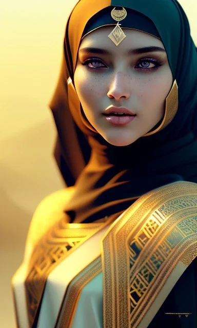 Arab young woman ,Arabic features، cute, beautiful, long hair, wavy hair, black eyes,A tuft of hair on the face,Arab cloak، head and shoulders portrait, cinematic, 8k, resolution concept art portrait by Greg Rutkowski, Artgerm, WLOP, Alphonse Mucha dynamic lighting hyperdetailed intricately detailed