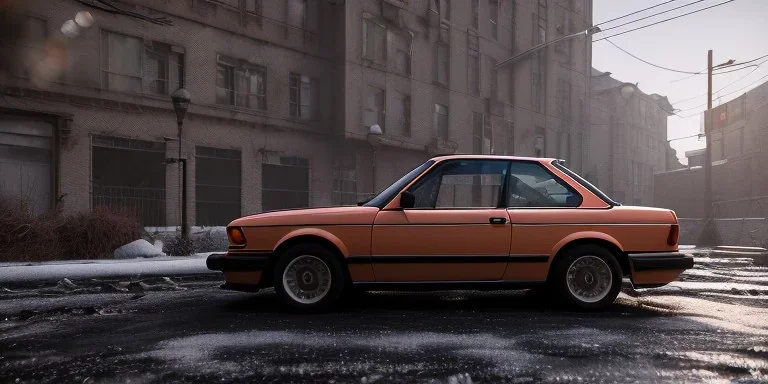 an abandoned 1990 bmw 2-door 4k ,ultra realistic,concept, 4k ,on street, parked in crowded city winter,8k resolution, high-quality, fine-detail