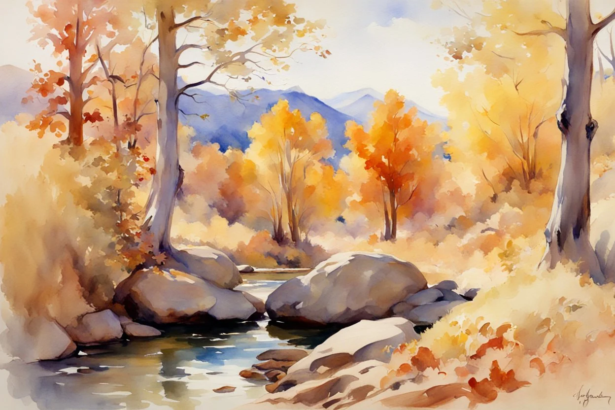 Sunny day, autumn trees, rocks, fantasy, mountains, epic, john singer sargent watercolor paintings