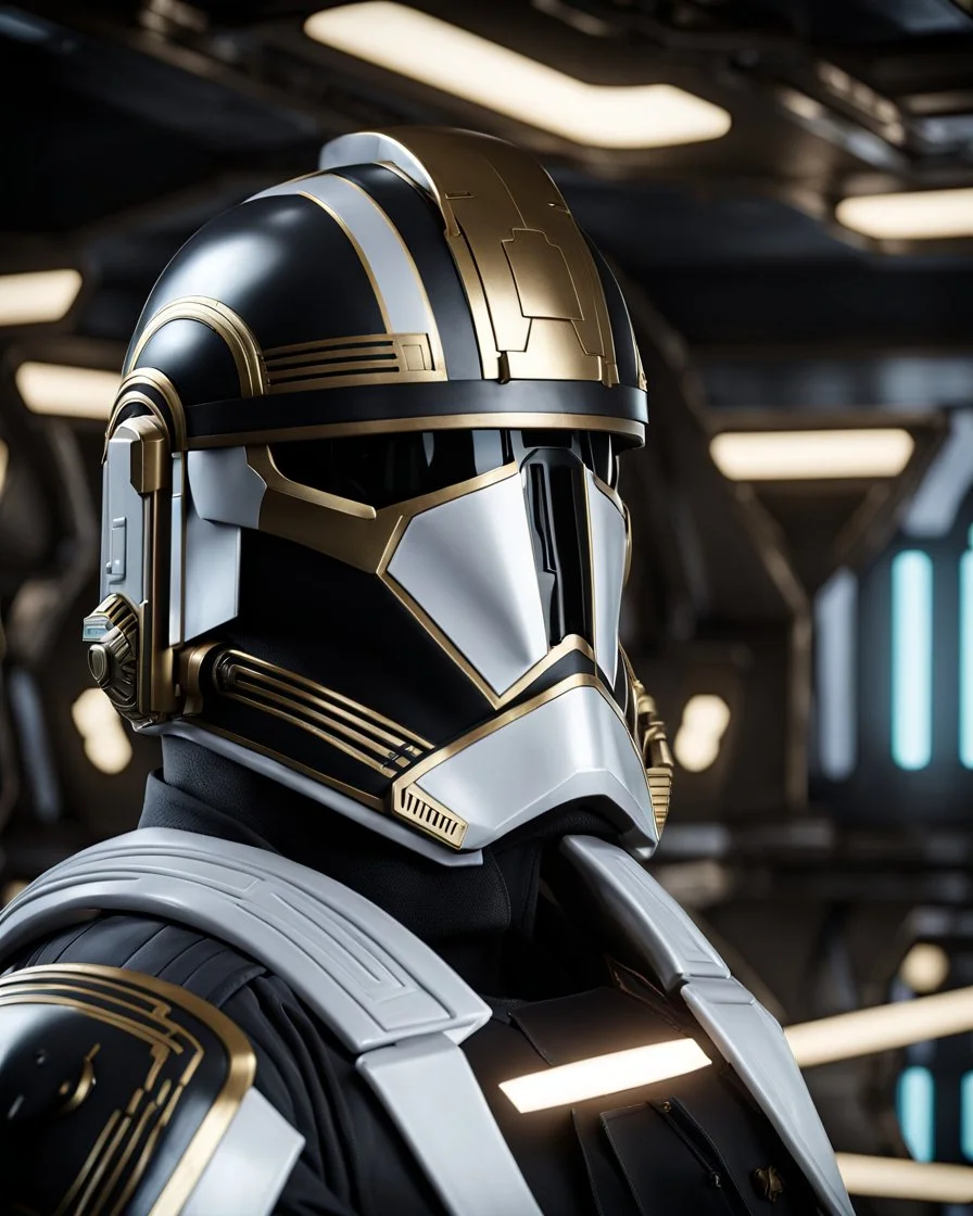 star wars bald male corellian pilot wearing pearlescent black and gunmetal grey First Order special forces armor and helmet with gold trim inside the jedi temple, centered head and shoulders portrait, hyperdetailed, dynamic lighting, hyperdetailed background, 8k resolution, volumetric lighting, light skin, fully symmetric details