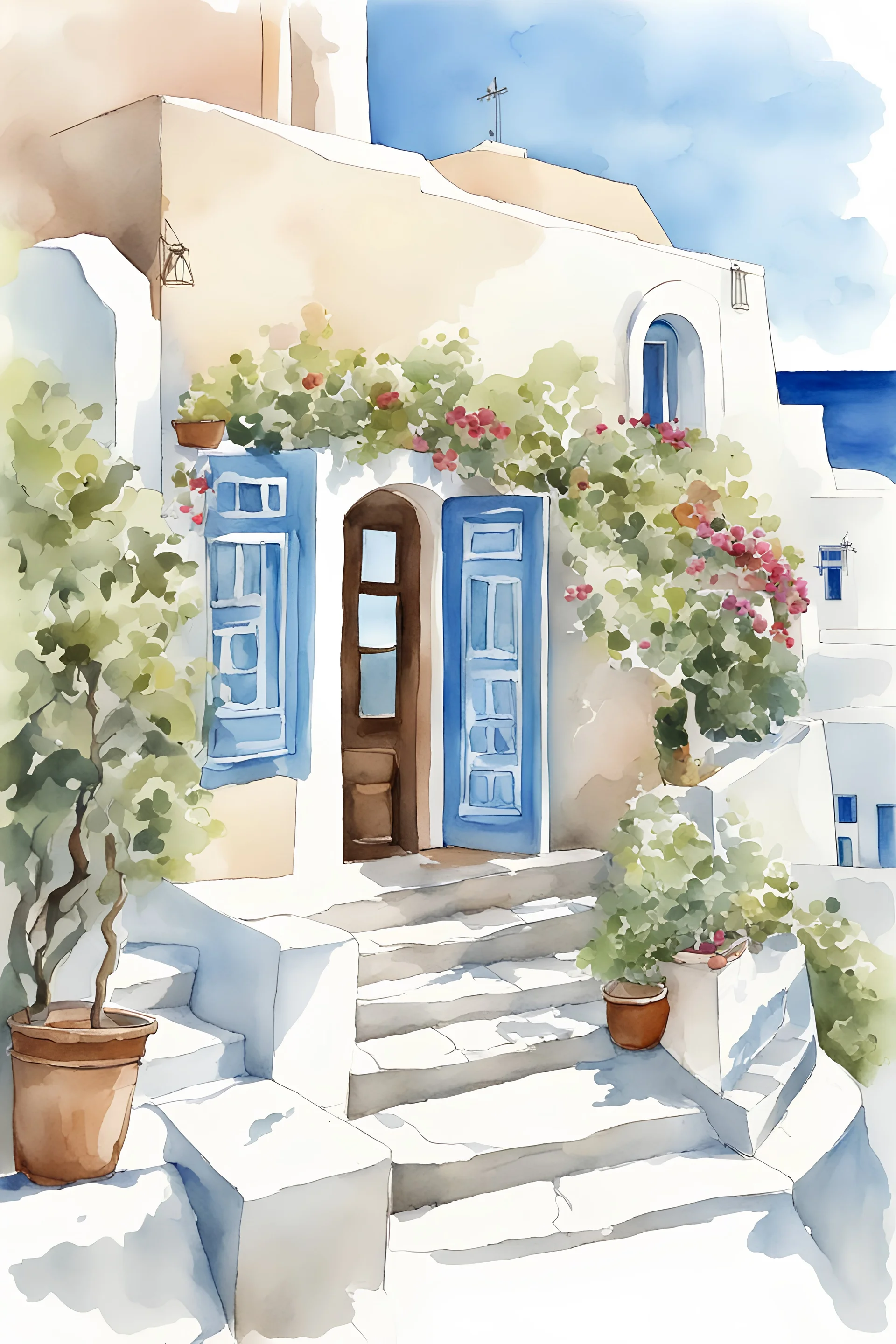 A distant view of an entrance of a Greek taverna in Santorini and surrounding houses . Watercolor art with ink outline, white bleed around image