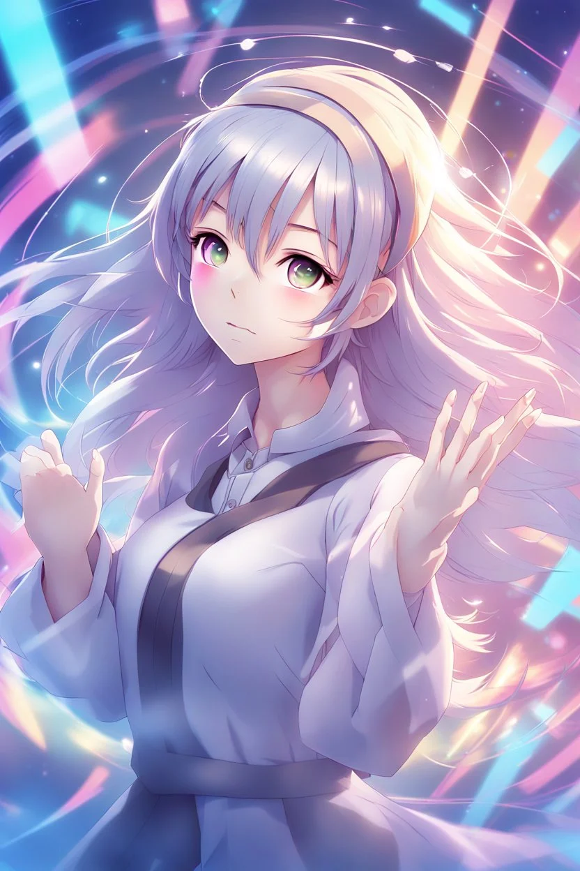 (masterpiece, best quality, highres:1.2), (intricate and beautiful:1.2), (detailed light:1.2), (colorful, dynamic angle),female,anime,a portrait in hologram form, she's making a frame shape with her hands, cute, seductive, dynamic pose, soft light passing through hair, (abstract background:1.3), (cinematic)