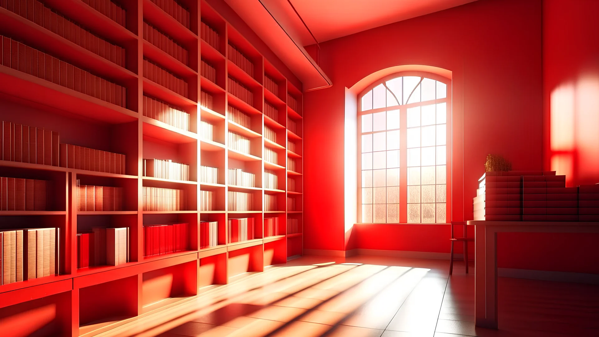 Modern red library interior with sunlight. Decor and desing concept. 3D Rendering