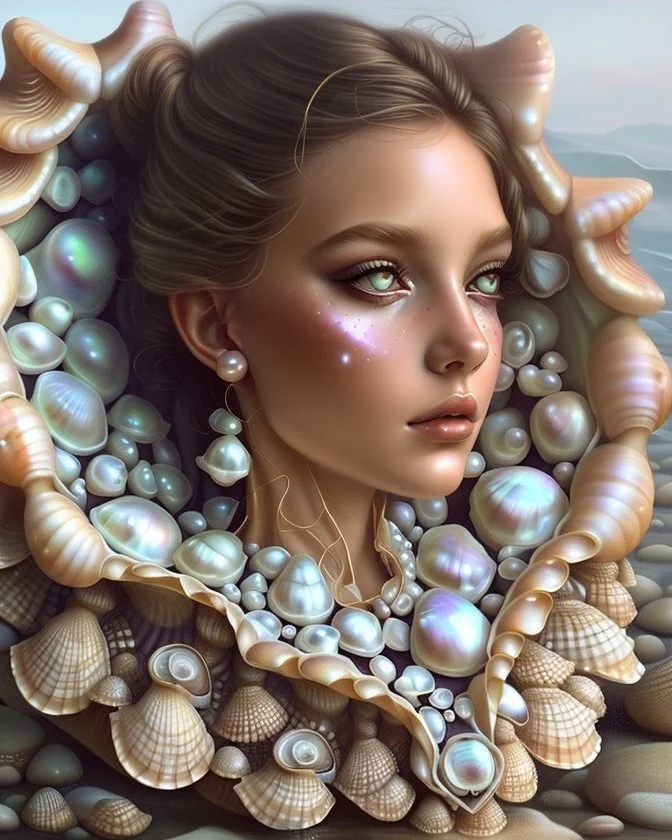 Create a fantastical image of a young beautyful woman in an elaborate dress resembling the interior of a pearl oyster, specifically a Pinctada, with rocks on the seashore in the background. An oil painting in the style of ultrarealism. The collar of the dress, like a hood, encloses the large, open jaw structures of the shell and the deep pearly interior, mimicking this bivalve. The person is also decorated with detailed patterns and textures that give the appearance of an aquatic creature, enhan