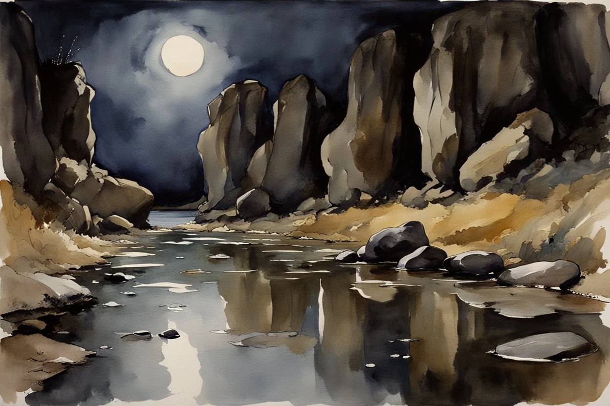 Night, rocks, puddle, gothic horror movies influence, puddle, mountains, epic, john singer sargent watercolor paintings