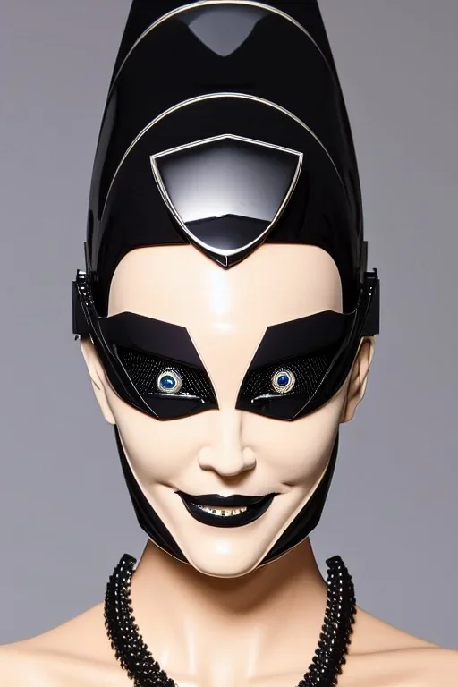 Technological singularity. Machine, fake smile, staring eyes. 3D-tiling on the adaptive background, wall full of mischievous head of the cyborg. Lightly armored, haughty. Cyber-punk full-mask. Lay figure woman with plastic milky skin. Repugnant behavior towards a human. tippets. Haute Couture 1996. Light right. Colors are silver, black, Cyan. Huge headphones. golden rings. Thick tights, Thick calves, Curved fell, Wide hip. Secretly change her head to another, which reveals face of the ugly hag