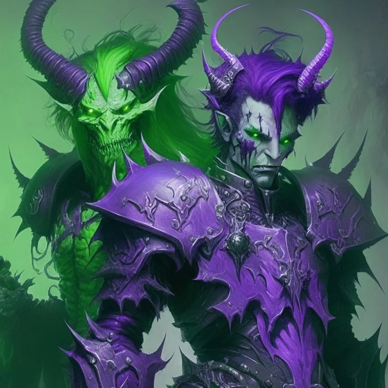Demonio con armadura verde y negro posando con un demonio de armadura morada y verde con cabellos blancos y abundantes