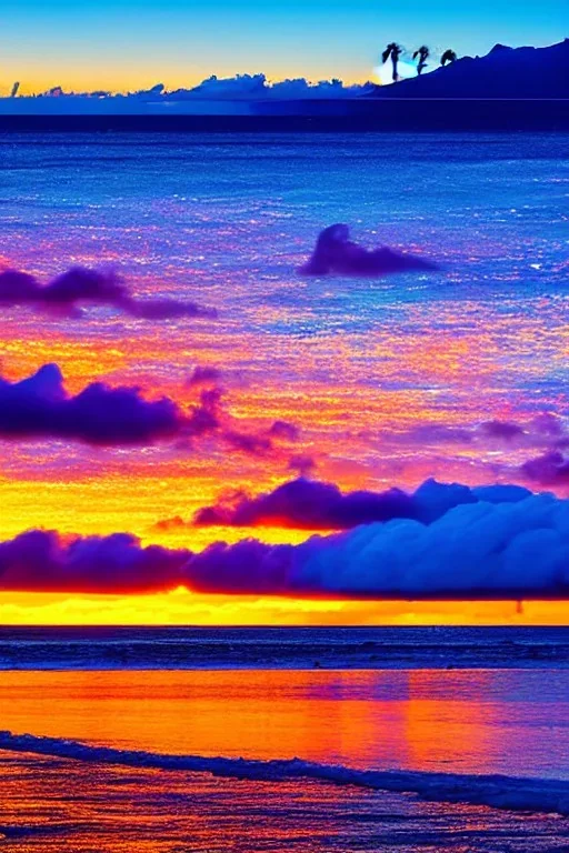 Brilliant sunset at a snow covered icy Waikiki Beach in Honolulu Hawaii covered in winter snow and ice at sunset, alcohol inks, dazzling wet bright colors, expressionist colors, winter wonderland