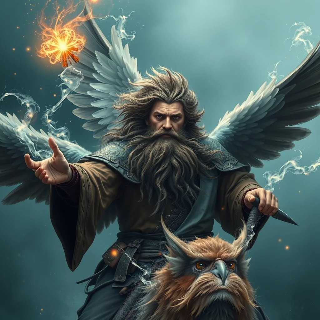 air is charged with magic around a bird rider with wings and beard and hair is full of feathers