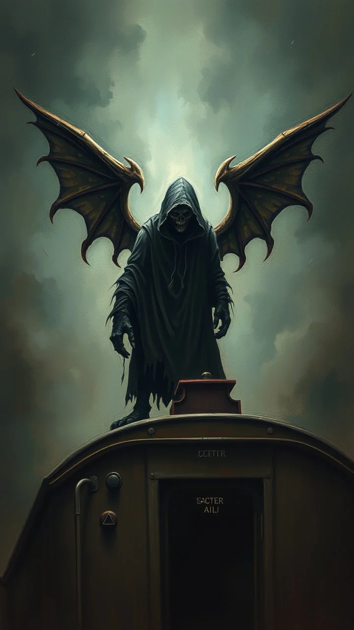 A scary hooded creature standing on a top of a train in painting style of Bosch nightmares