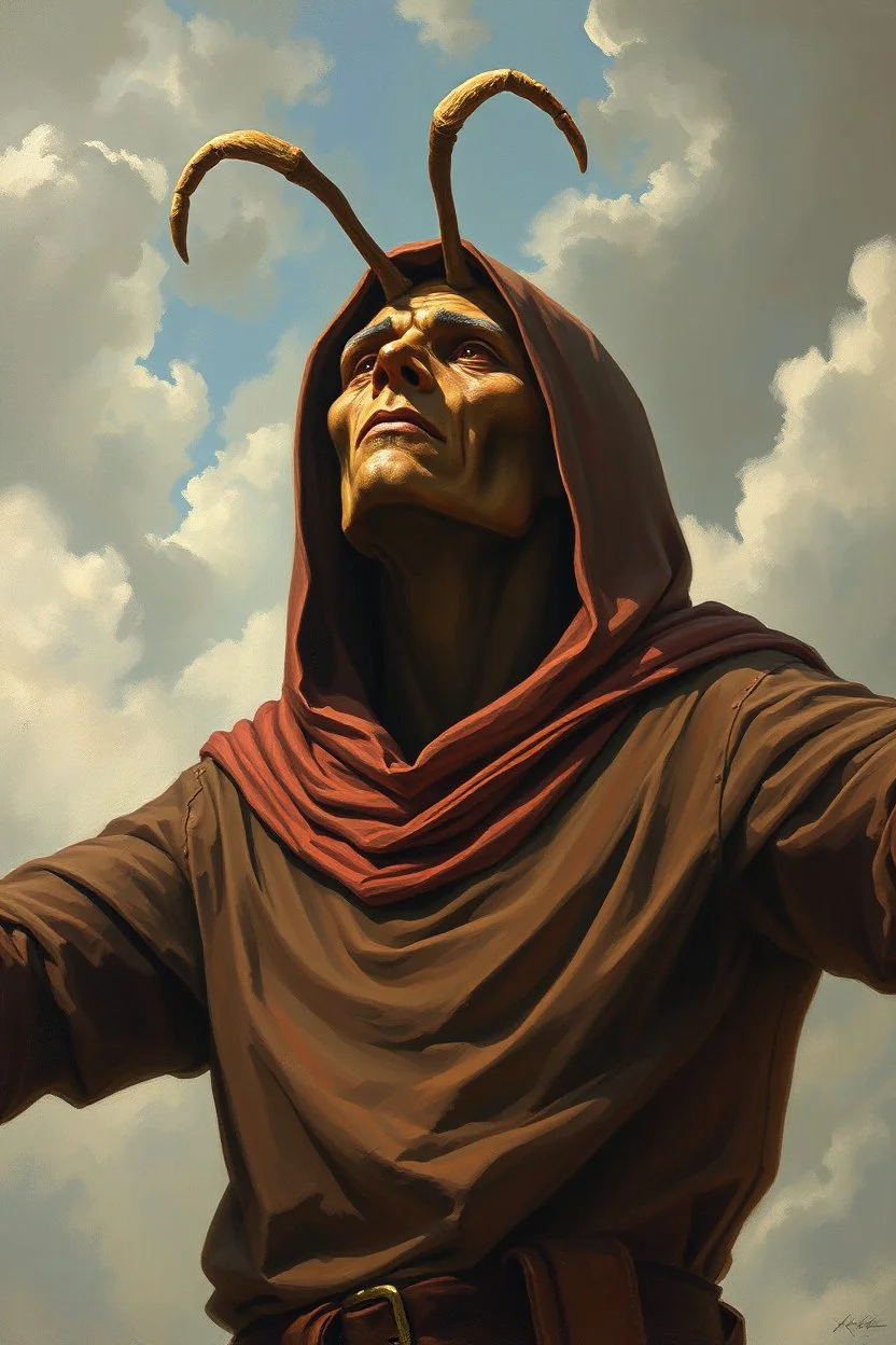 The hooded giant man who has a face looks like an ant. Open his arms and look at the sky .Busch painting style