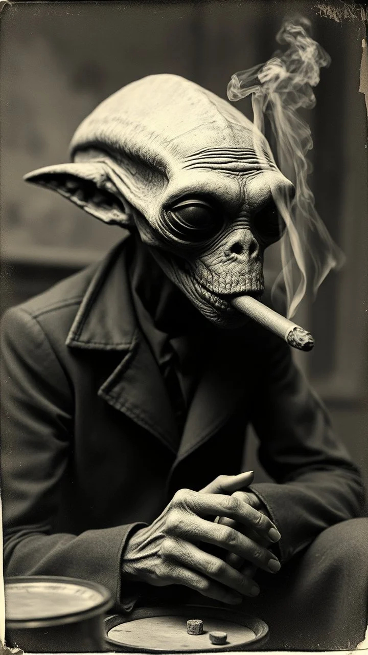 Get An old picture style of black and white mono very bad quality looks very old camera picture of an alien smoking a cigar , boss , year 1900