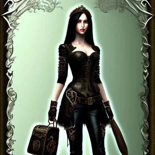 steampunk, dark forest, black hair, long legs, leather clothes